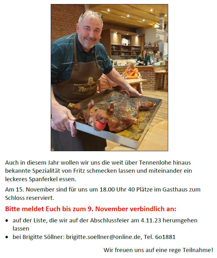 Ski- und Wandergruppe:  Spanferkel-Essen beim Fritz am Mittwoch, den 15. November 2023 um 18.00 Uhr