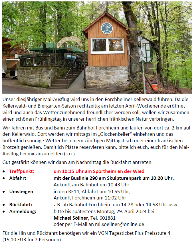 Ski- und Wandergruppe:  Mittwoch, den 1. Mai 2024 — Maiausflug in den Forchheimer Kellerwald