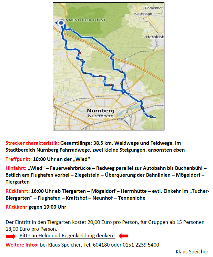 Ski- und Wandergruppe:  Samstag, den 22. Juni 2024 — Fahrradtour zum Tiergarten nach Nürnberg